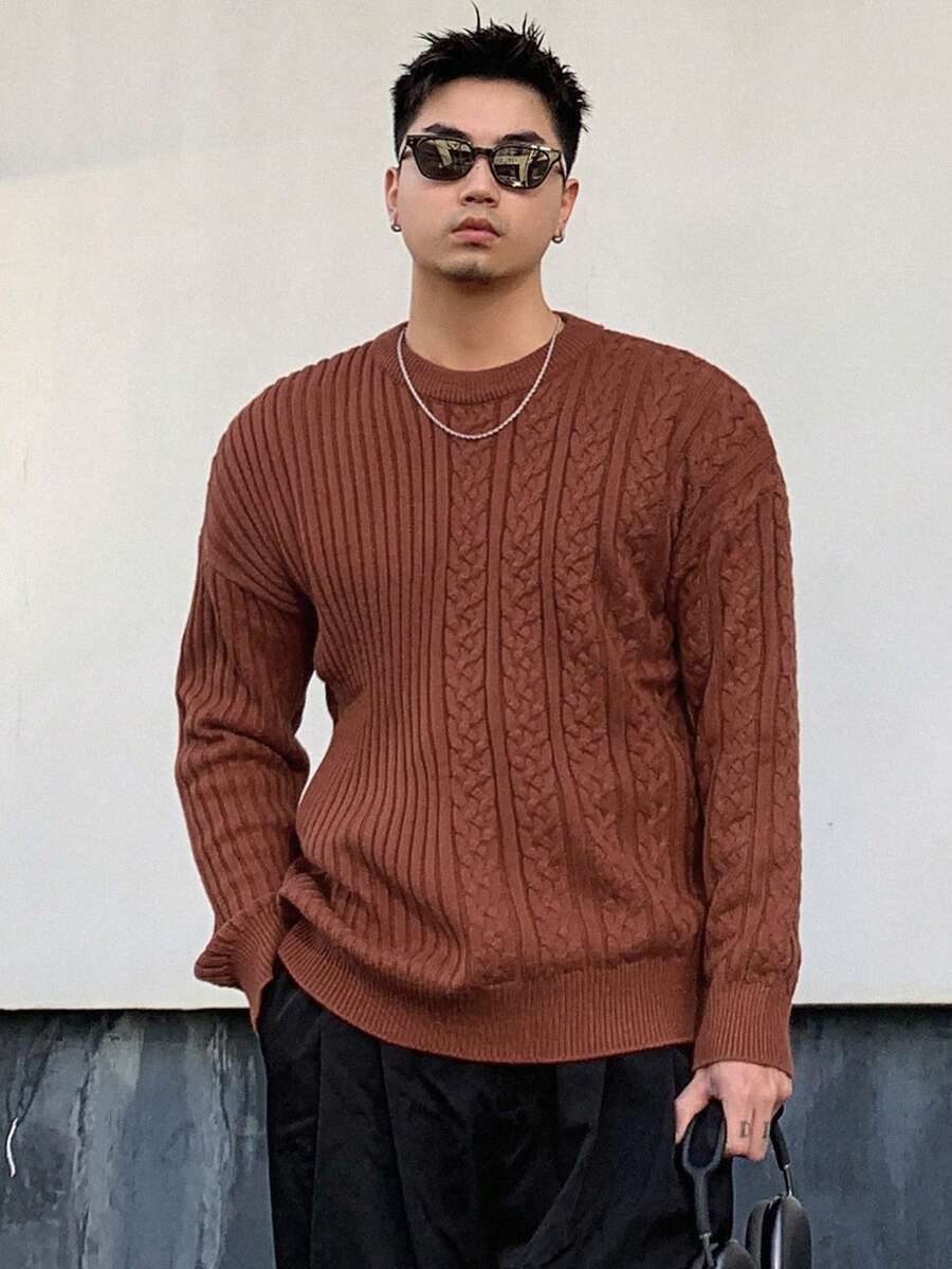 Men Cable Knit Drop Shoulder Sweater Fall,Winter - Red - View 1