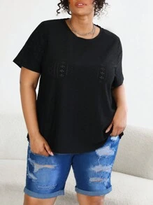 SHEIN CURVE+ Plus Size Round Collar Solid Color Shirt With Eyelet Detailing Embroidery