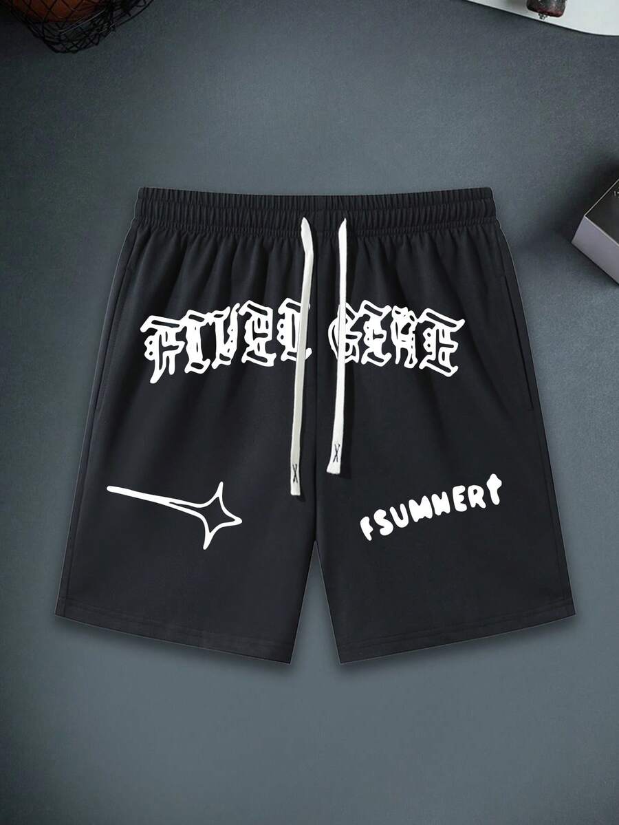 Shorts Con Cordón Y Estampado De Estrellas Y Letras Para Hombre - Negro - Ver 1