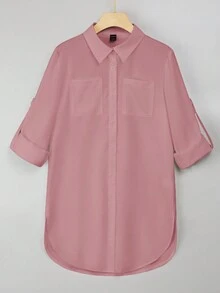SHEIN Privé Camisa Sólida De Color Con Botones Y Bolsillo Con Parche - Rosa - Ver 4