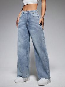SHEIN EZwear 女士口袋丹寧褲 - 中等水洗藍 - 查看 5