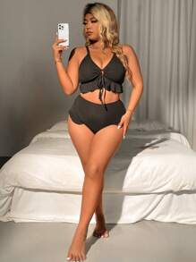 Swim Vcay Summer Beach Plus Size Women's Ruffled Hem Bandeau Bikini Set With Straps - Brown - View 4