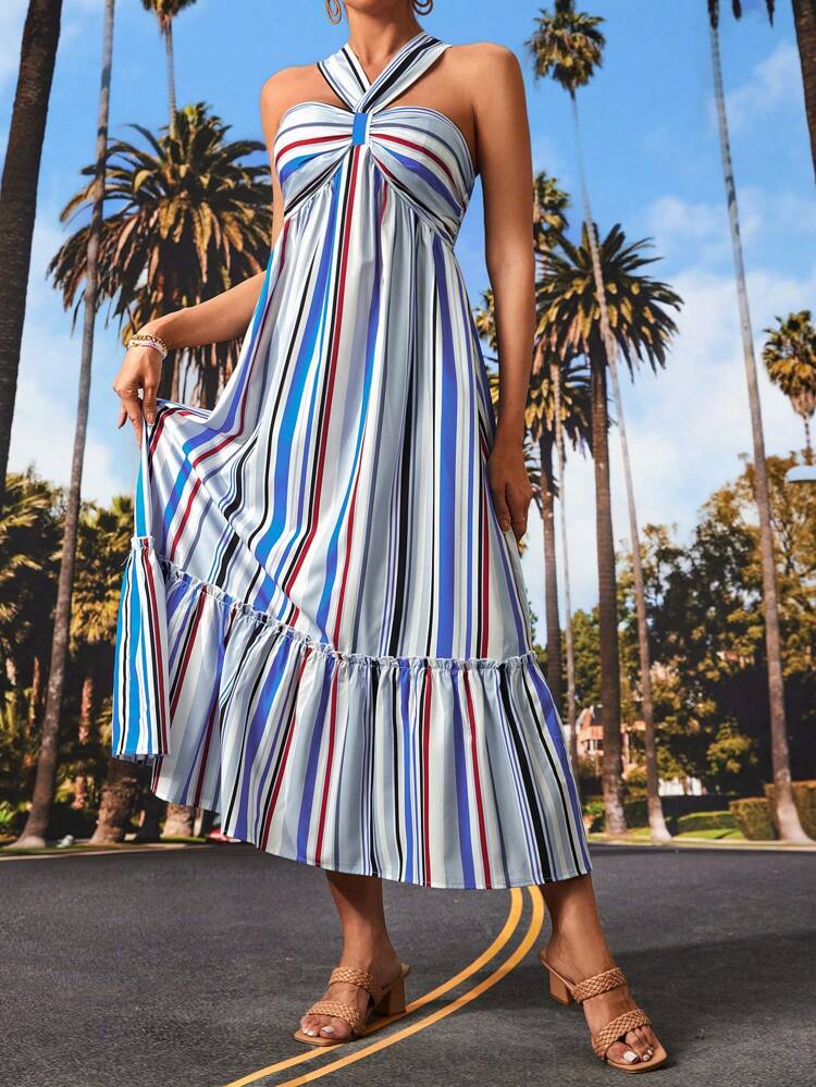 Sleeveless Striped & Floral Printed Ruffle Hem Dress