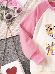 Young Girls' Cartoon Bear Pattern Raglan Sleeve Sweatshirt