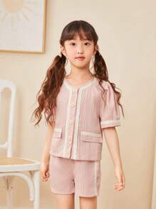 SHEIN Conjunto De Blusa De Manga Corta Y Pantalones Cortos De Remiendo De Cinta Para Niñas Jóvenes - Rosa - Ver 3