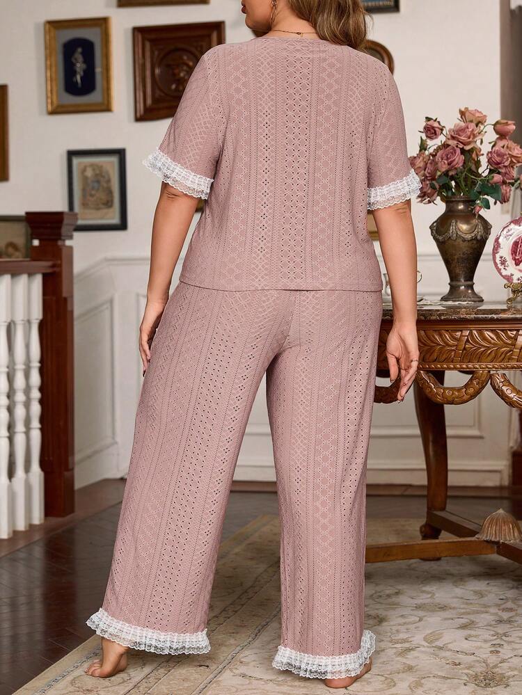Plus Size Lace Border Hollow Out Embroidery Pajama Set