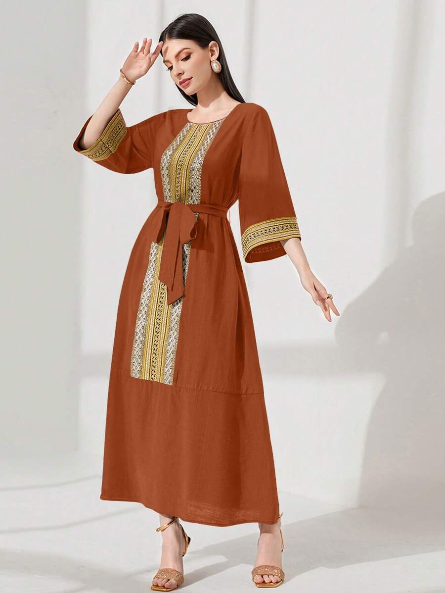 Al Najma Women's Ribbon Patchwork Flare Sleeve Dress