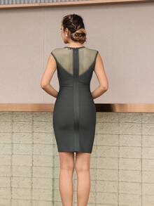Patchwork Fishing Net Bodycon Bandage Dress - Black - View 2