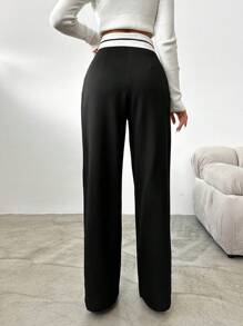 EURMUSE Spring And Autumn Loose And Drape Wide-Leg Suit Pants With Fold-Over Waistline And Floor-Length - Black - View 2