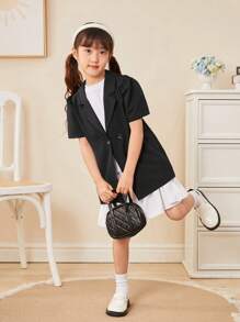 SHEIN Blusa De Manga Corta Para Niña Con Cuello Vuelto Y Conjunto De Falda - Negro - Ver 5