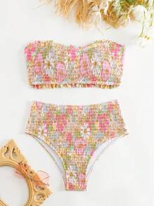 Swim Mod 女用花卉印花平行縐縫抹胸式比基尼套裝 - 彩色 - 查看 1