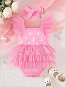 春夏款寶寶女嬰可愛甜美網紗百褶連體衣 - 粉色 - 查看 1