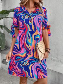 SHEIN DRESS ICON Marble Print Pearls Chain Cut Out