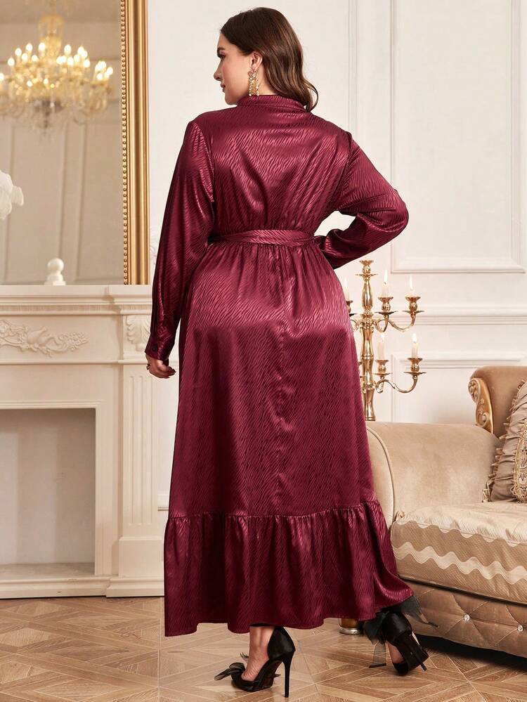 Burgundy Red Plus Size Women's Beaded & Studded High Collar Arabian Dress Long Evening Dresses