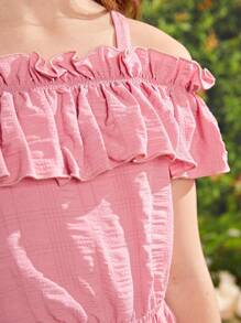 SHEIN Two Piece Set For Tween Girls Including Off-Shoulder Ruffle Detail Top And Asymmetrical Skirt - Pink - View 6