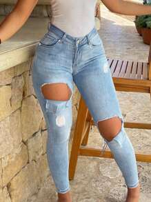 Jeans pitillo minimalistas con bolsillo y botones delanteros, desgastados, para uso casual diario - Azul lavado medio - Ver 2