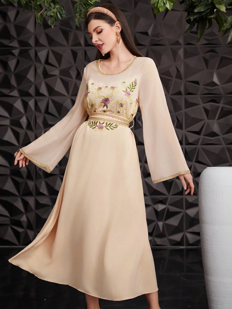 Women's Floral Embroidery & Weave Trim Patchwork Bell Sleeve Dress Long Evening Dresses Fall Cloth For Women