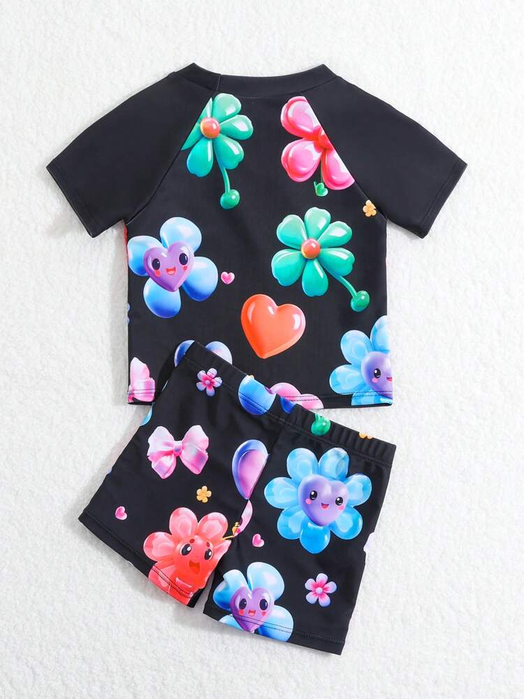 Baby Boy Cartoon Heart & Flower Pattern Long Sleeve Swimsuit