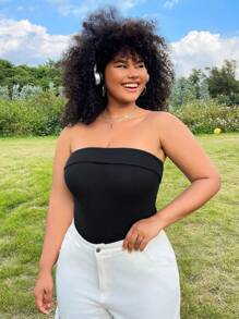 SHEIN EZwear Plus Size Black Knitted Strapless Bodysuit - Black - View 3