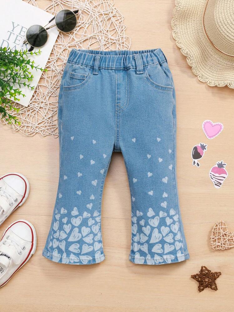 Baby Girl Heart Printing Flared Jeans With Stretchy Waist