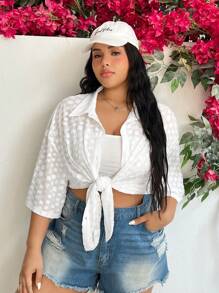 SHEIN EZwear Plus Size Women's Textured Drop Shoulder T-Shirt - White - View 1