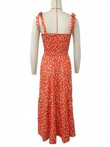 Polka Dot Printed Spaghetti Strap Long Dress - Orange - View 2