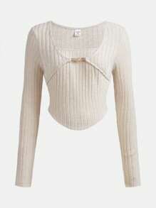 SHEIN Teenage Girl's Knitted Fleece Pullover With Rhinestone Decor And Square Neckline-long Sleeves - Beige - View 1