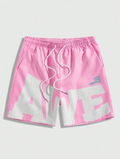 ROMWE MEN Prep Spring/Summer Casual Graphic Pink Men'S Slogan Printed Basketball Shorts, Perfect For Everyday Wear In Spring And Summer, School