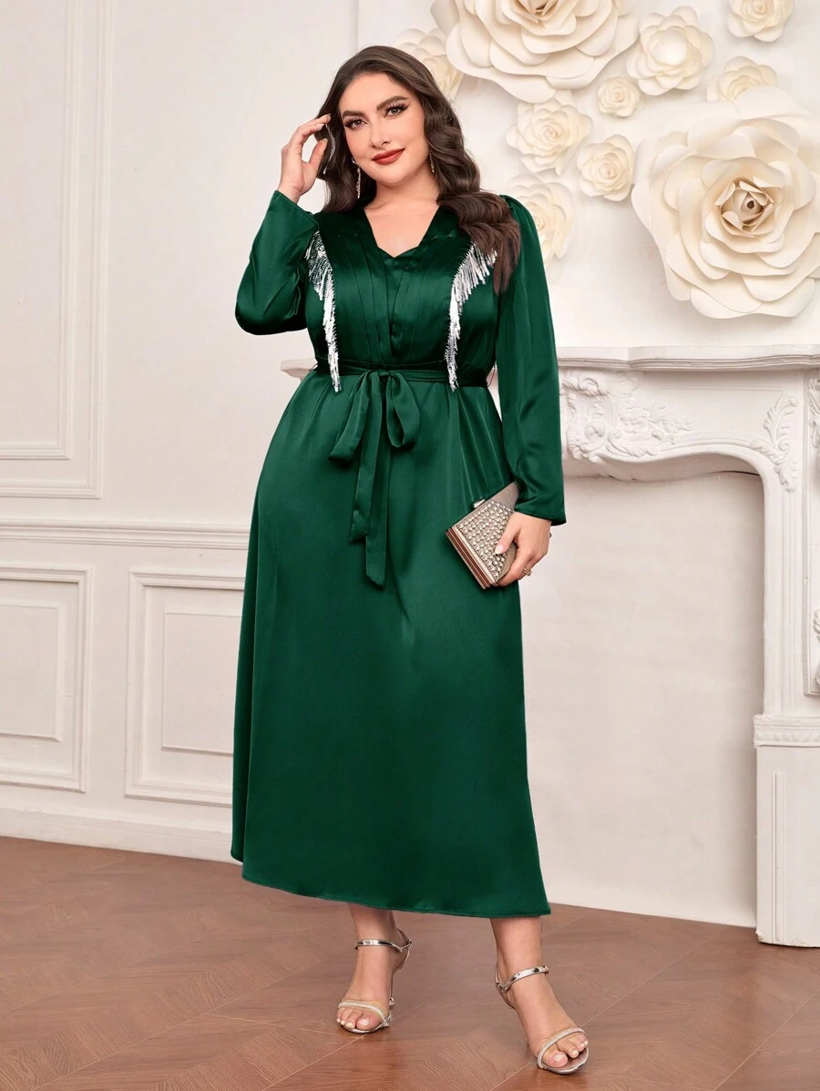 Modelyn Vestido De Mangas Compridas E Franjas Com Lantejoulas Em Tamanho Grande - Verde escuro - Ver 1