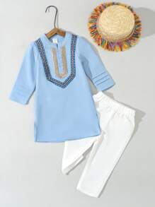 Baby Boy Bohemian Style Long Sleeve Round Neck Long Pants Spring Fall Robe Set - Blue and White - View 1