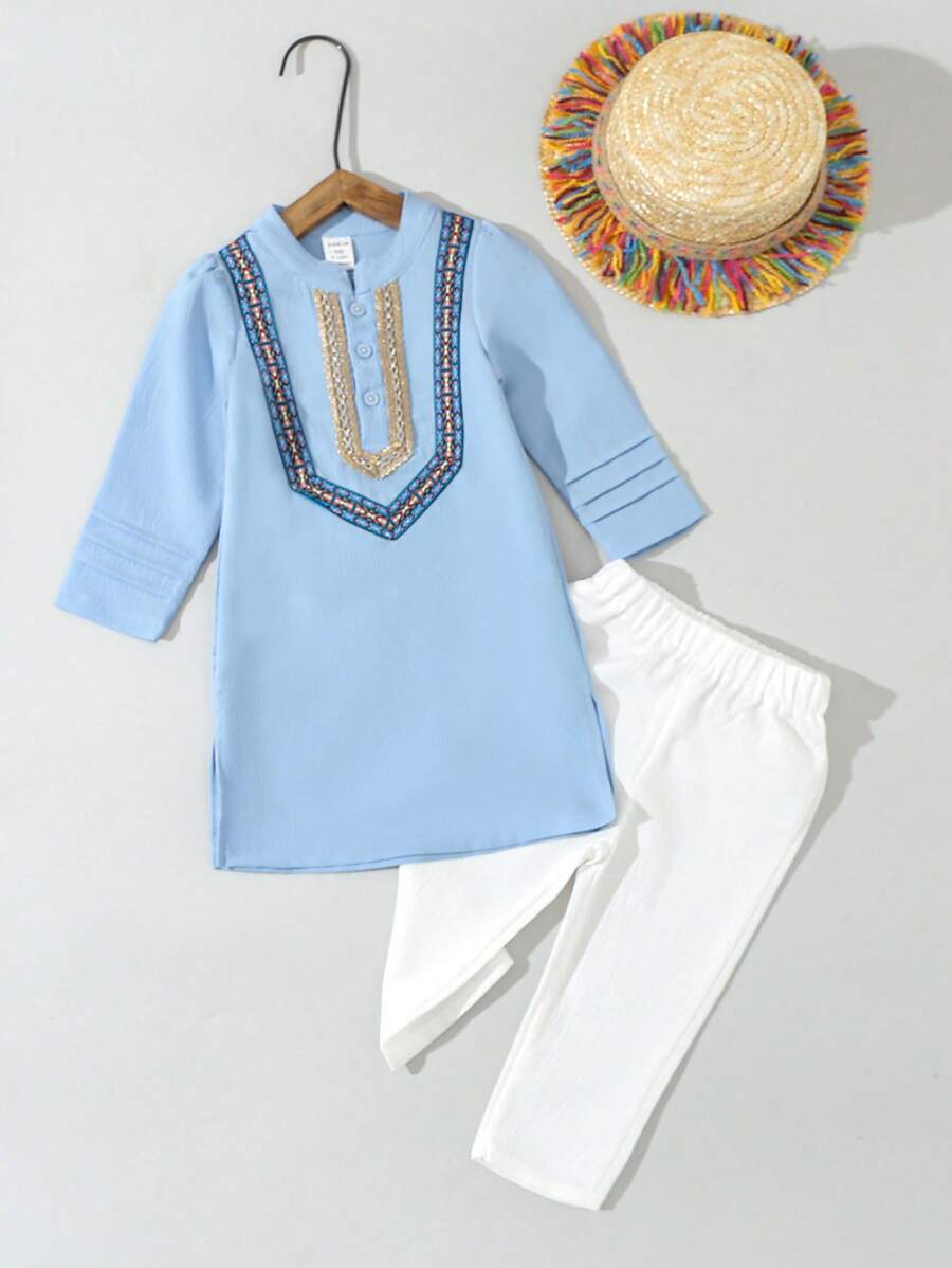 Baby Boy Bohemian Style Long Sleeve Round Neck Long Pants Spring Fall Robe Set - Blue and White - View 1