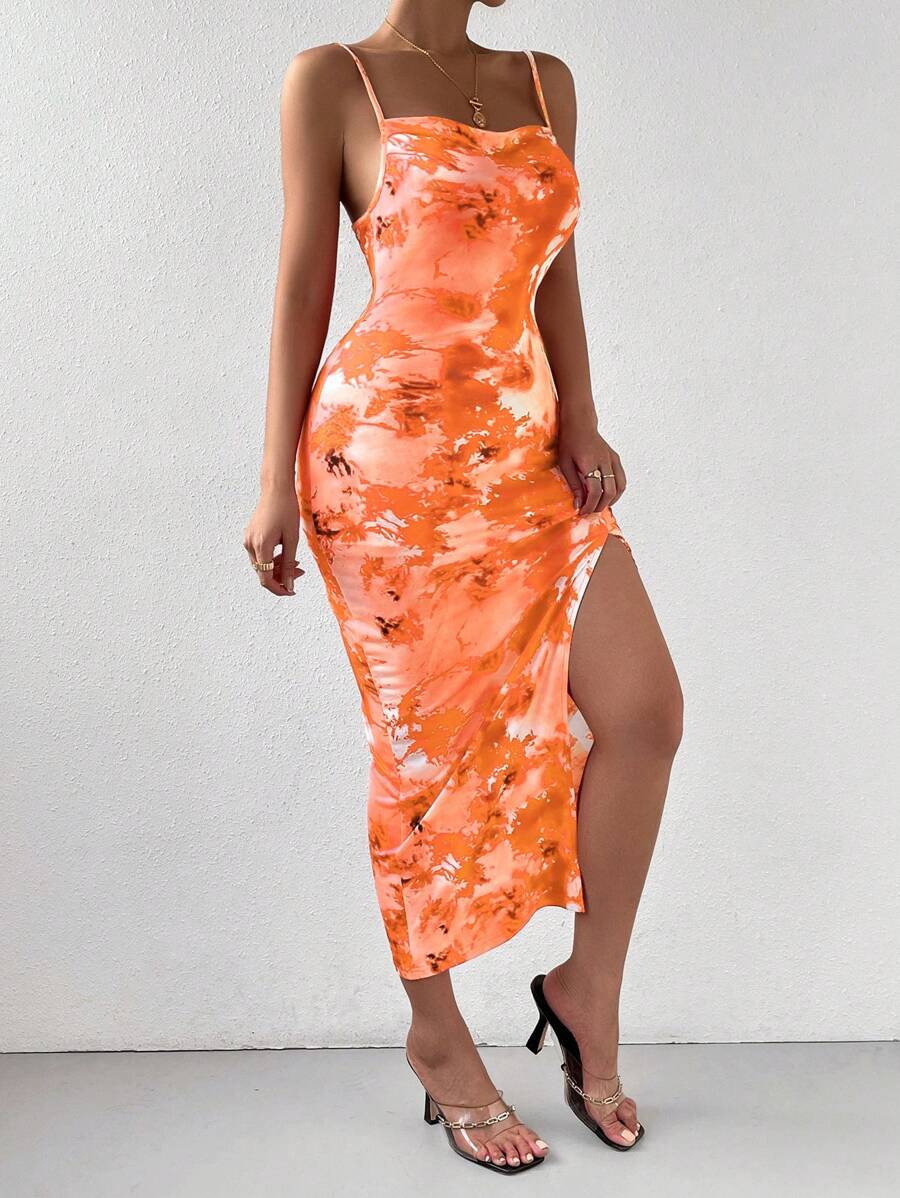 SHEIN Privé TieDye Spaghetti Strap Split Hem Dress SHEIN USA