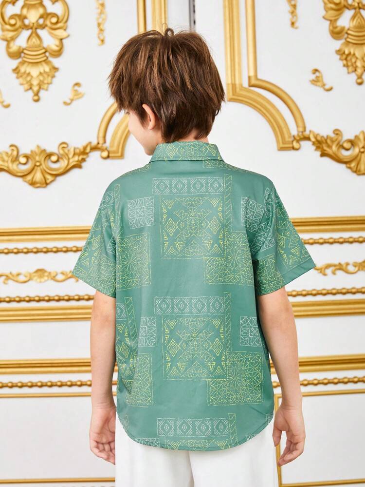 Tween Boy Loose Cute Collar Pattern Woven Short Sleeve Shirt