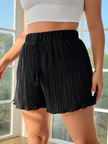 SHEIN EZwear Loose Fit Women's Plus Size Black Shorts With Fringe Hem, Tassel Drawstring And Pleated Front Design - Black - View 4