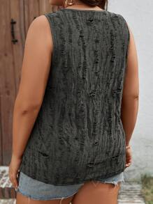 SHEIN LUNE Plus Size Round Neck Ripped Sleeveless Top - Black - View 2