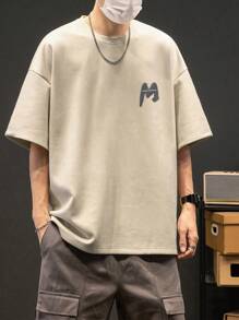 男士标语图案落肩T恤，秋季 - 杏色 - 查看 4