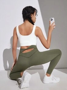 SHEIN Pantalones Deportivos De Punto Para Chicas Adolescentes Con Nudos De Torsión Huecos Y Banda Elástica En Cintura, De Color Sólido - Verde militar - Ver 1