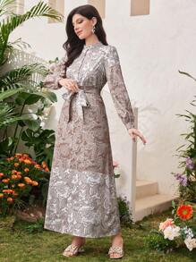 Al Najma Ganz Bedrucktes Shirtkleid Mit Langen Ärmeln Und Gürtel