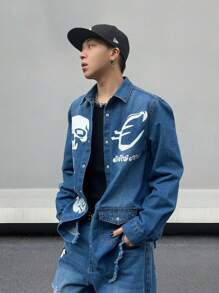 Manfinity Roghcode Men's Skull & Floral Print Long Sleeve Denim Shirt - Blue - View 4