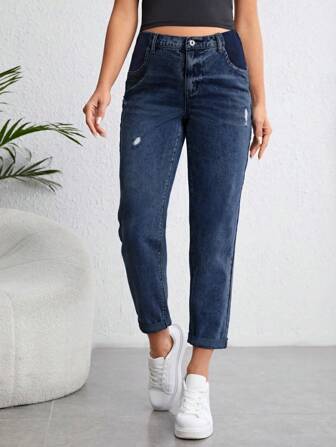 SHEIN Pantaloni Jeans Maternità Basic A Vita Alta Boyfriend Mom Jeans