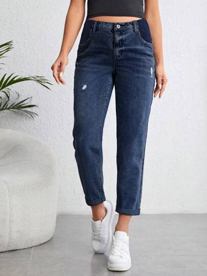 SHEIN Maternity Plain High Waist Jeans Boyfriend Mom Jeans