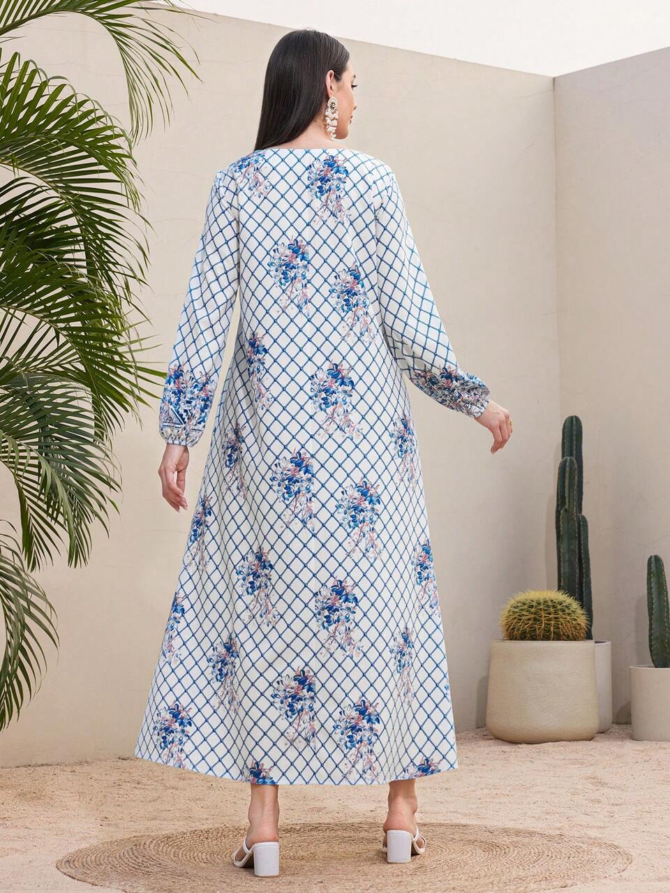 Women's Positioned Printed Casual Jalabiya Dress