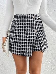 SHEIN Frenchy Pantalones Cortos De Cuadros Con Abertura Lateral Para Mujeres