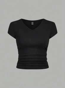 SHEIN EZwear 女士多色針織v領短袖修身t恤 - 彩色 - 查看 4