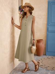 EMERY ROSE Summer Casual Khaki Texture Sleeveless Dress For Vacation In Countryside - Khaki - View 5