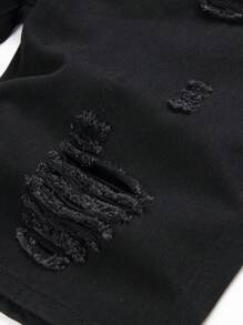 男童撞色幾何圖案仿舊牛仔短褲 - 深色水洗藍 - 查看 5