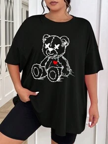 SHEIN EZwear 情人節1入超大號愛心泰迪熊印花圓領休閒寬鬆T恤衫 - 黑色 - 查看 4