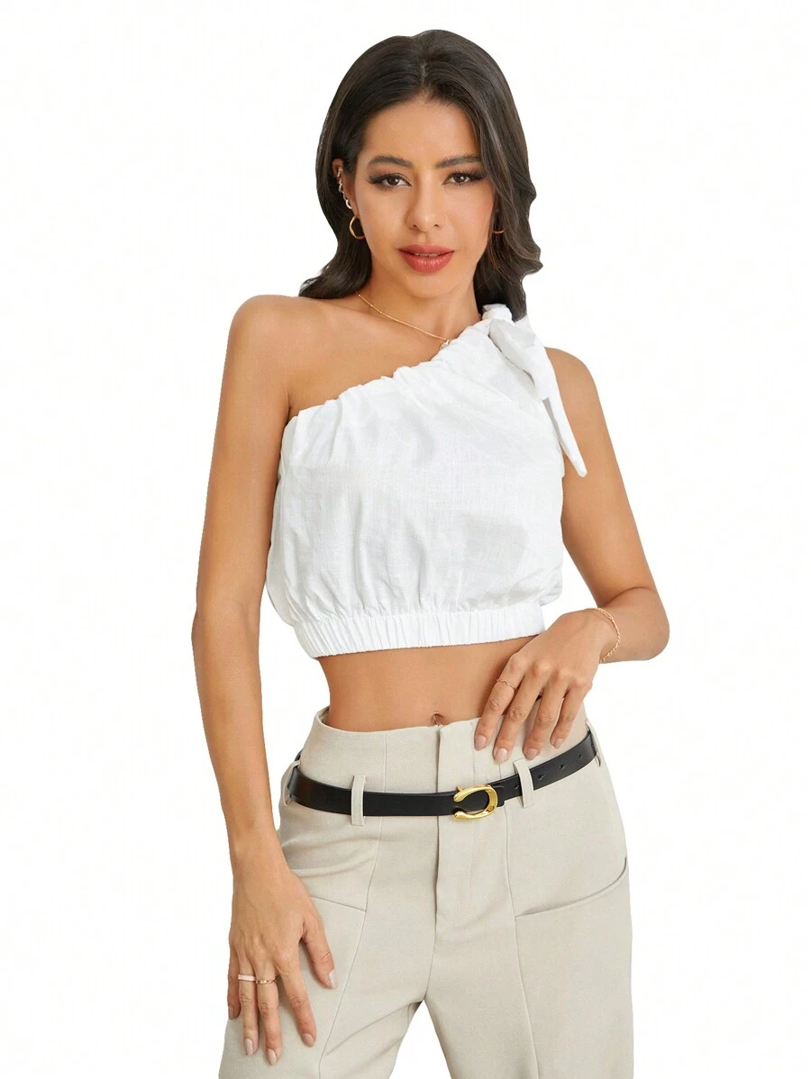 DAZY Solid Knot One Shoulder Blouse,Crop Tops Women Sexy Women Tops Going Out Tops Vacation Outfits Women - White - View 1