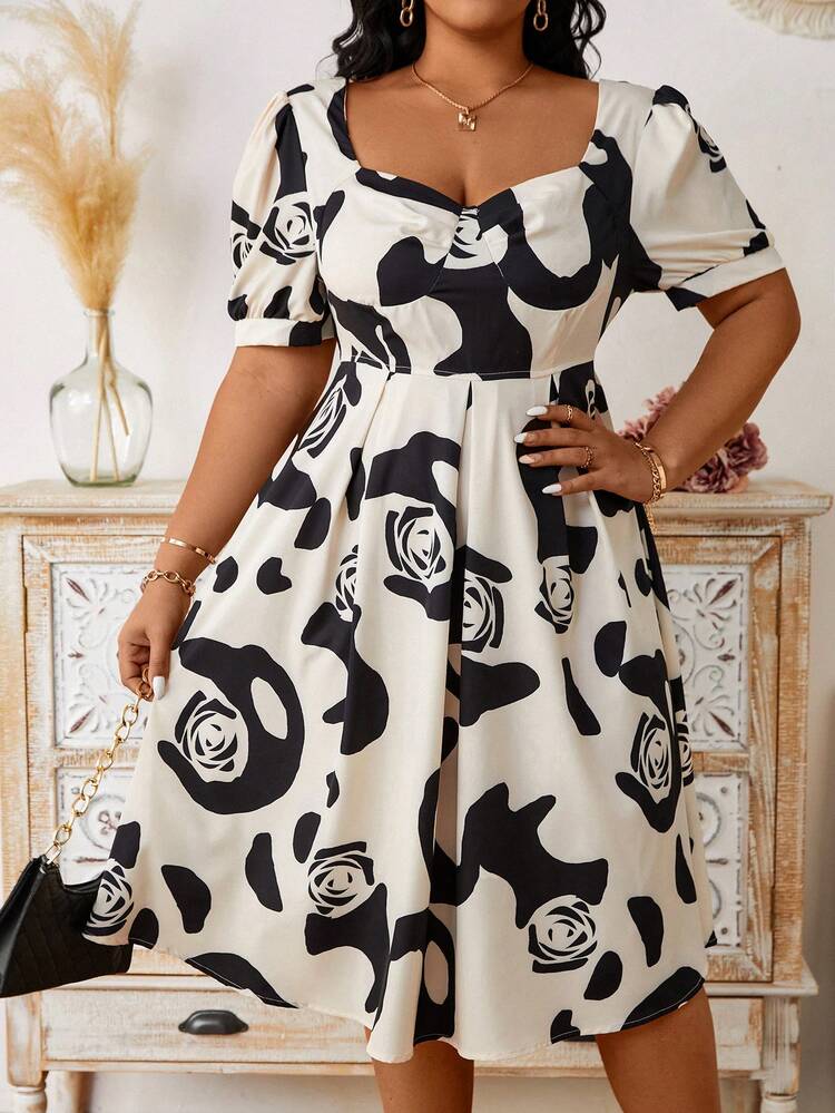 Plus Size Women's Floral Printed Puff Sleeve Dress With Sweetheart Neckline