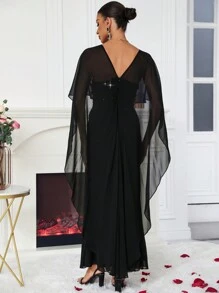 SHEIN Belle Của phụ nữ Lưng Chữ V Cape Thanh lịch Trang phục dạ hội Đầm - màu đen - Xem 2
